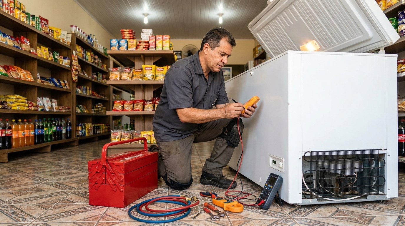 Recarga de gás refrigerante no freezer durante atendimento em Viamão‑RS