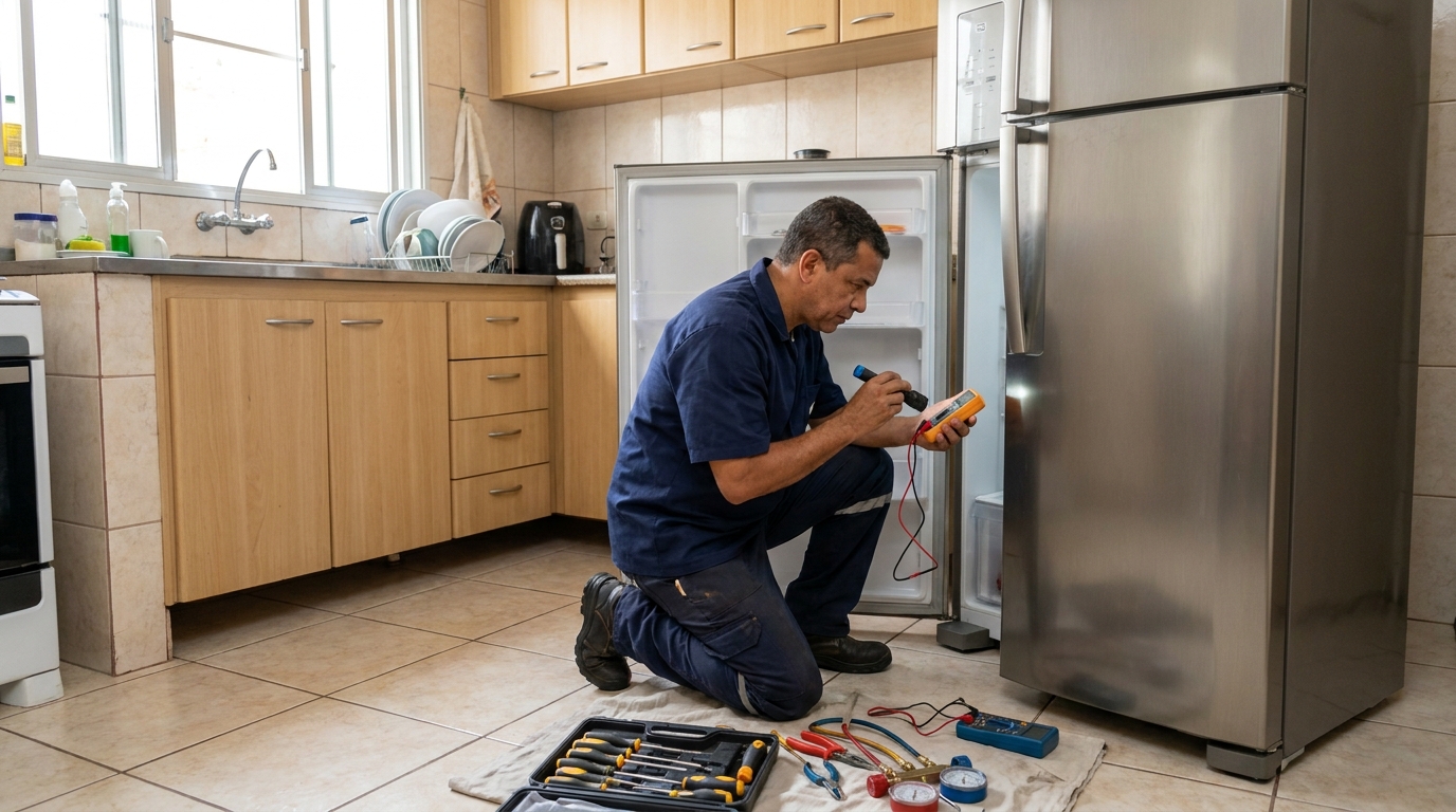 Técnico aplicando recarga de gás refrigerante em geladeira em Viamão‑RS