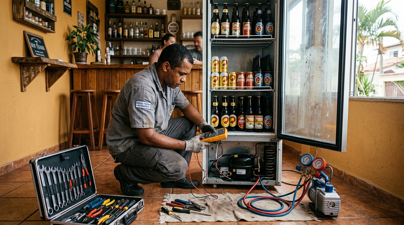 Substituição de termostato de cervejeira em serviço técnico em Viamão‑RS